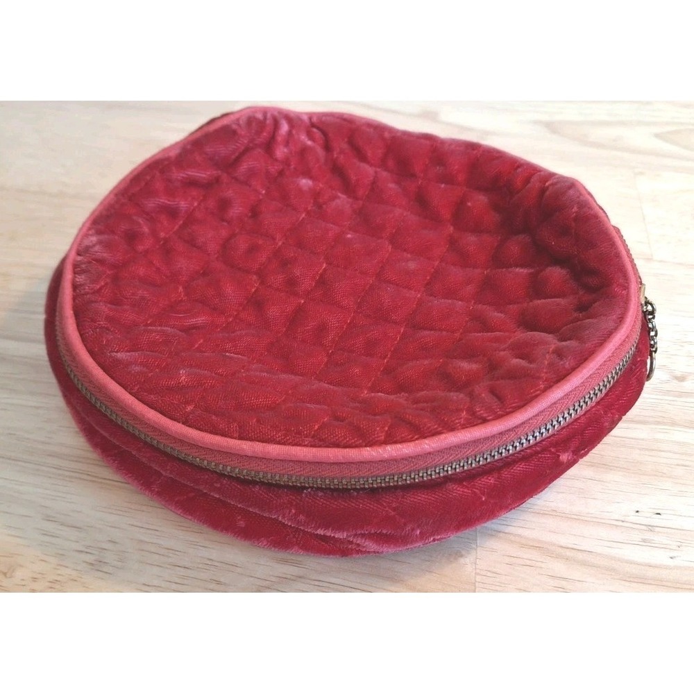 Vintage Red Quilted Velvet Travel Jewelry Case Round Satin Lined Organizer